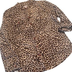 Chico's Brown Animal Print Button Up Collar Long Tab Sleeves Blouse Size Large